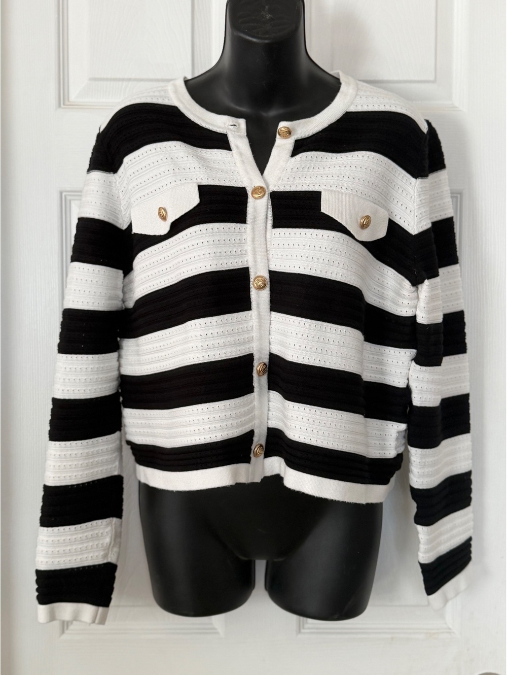 Grace Karin Black and White Striped Button Front Cardigan Size M